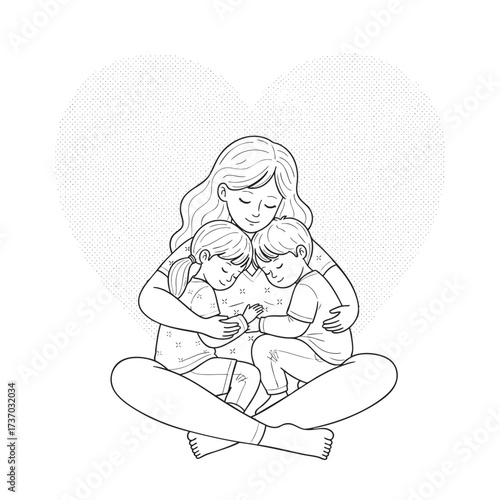 A loving mother sitting crosslegged tenderly hugging her two young children in a line art illustration.