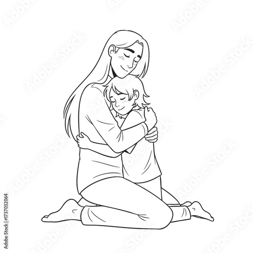 A loving mother kneeling and hugging her child in a tender embrace black and white line art.