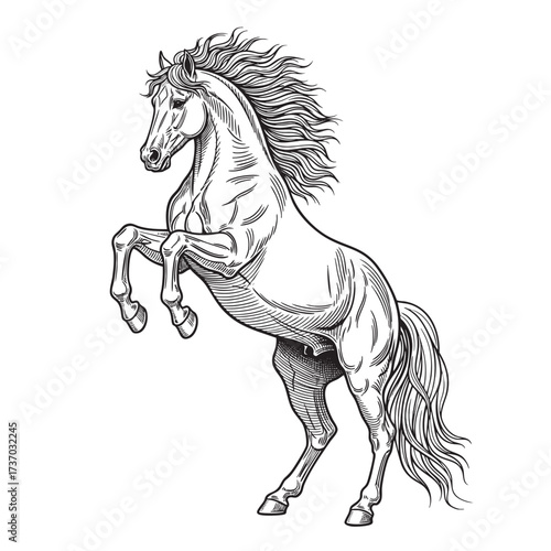 A majestic black and white line drawing of a powerful stallion rearing up on its hind legs with a flowing mane.