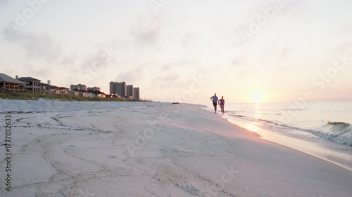 Abstract Couple Walking Along Shoreline at Dawn