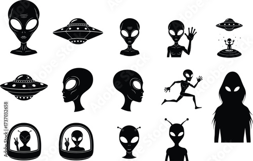 Extraterrestrial Alien Head Vector Silhouette - UFO and Sci-Fi Icon