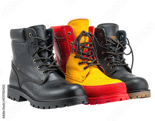 Three pairs of work boots in black, red and yellow