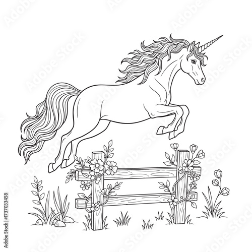 Black and white line art illustration of a majestic unicorn leaping over a floral fence.