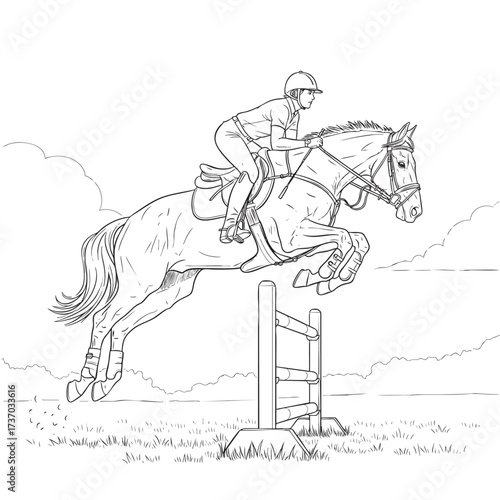 Black and white line art illustration of an equestrian and horse show jumping over a fence.