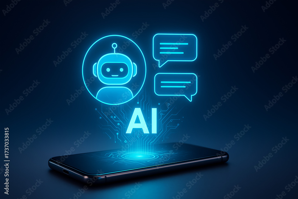 Chatbot AI Artificial Intelligence technology virtual conversation assistant support mobile smart phone online application chatting with customer service automatic answering ( Generated with AI ) Chatbot AI Artificial Intelligence technology virtual conversation assistant support mobile smart phone online application chatting with customer service automatic answering ( Generated with AI )