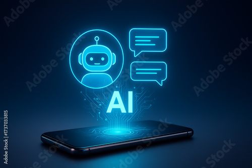 Wallpaper Mural Chatbot AI Artificial Intelligence technology virtual conversation assistant support mobile smart phone online application chatting with customer service automatic answering. 3d rendering Torontodigital.ca