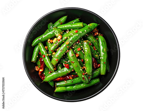 Stir-fried green beans in a dark bowl