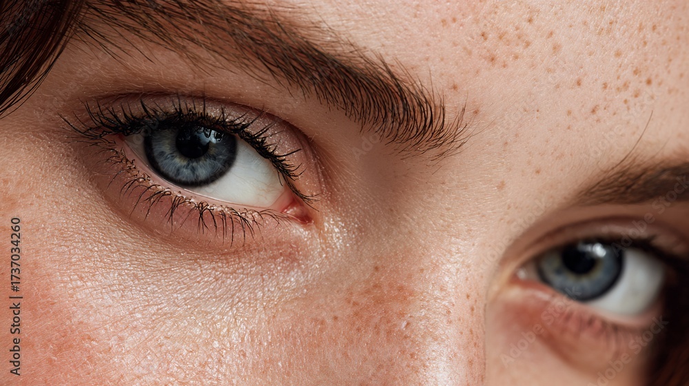 Fototapeta premium Close-up of two light blue eyes with freckled skin and defined lashes