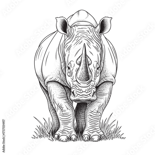 Detailed black and white line art illustration of a powerful rhinoceros standing fronton.