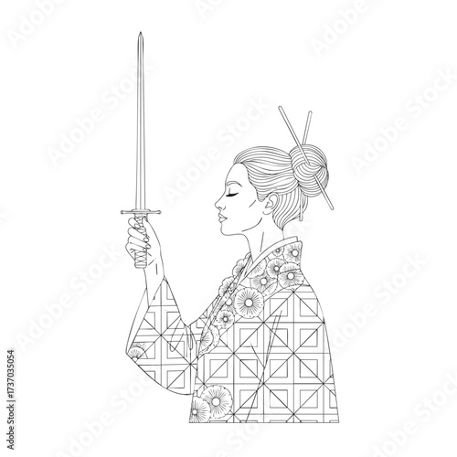 Elegant line art illustration of a Japanese woman in a patterned kimono holding a sword.