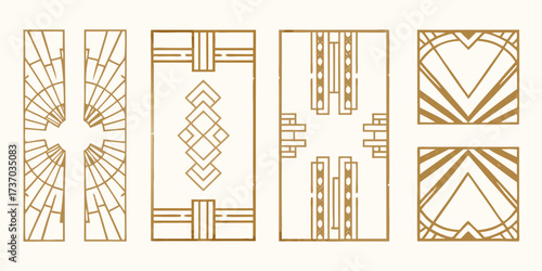 Collection of art deco geometric patterns and decorative elements in gold on a cream background
