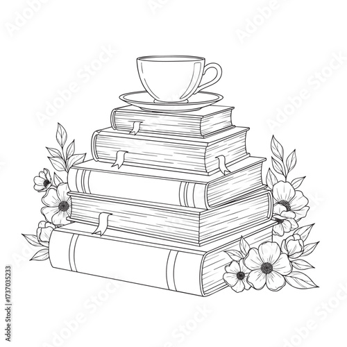 Handdrawn line art illustration of a book stack with a teacup and floral decorations.