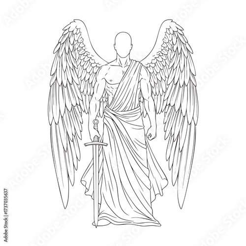 Line art illustration of a powerful faceless angel with large wings holding a sword.