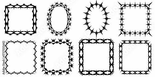 Collection of eight black ornate decorative frames and borders with sharp spiky edges and intricate patterns on a white background