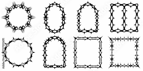 Collection of eight black thorny decorative frames and borders with sharp spikes and irregular shapes
