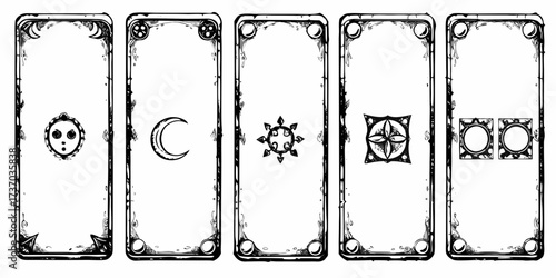 Collection of five ornate tarot card backs with celestial and mystical symbols in black and white