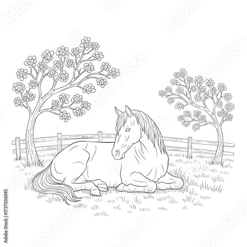 Serene line drawing of a horse lying down in a grassy pasture with a fence and trees.