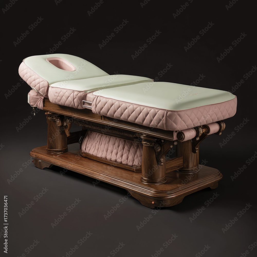 Obraz premium Luxury massage table with quilted light beige and blush pink upholstery. Dark wood base with ornate columns