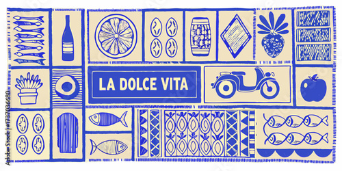 La dolce vita collage featuring italian icons food and lifestyle elements in blue and beige