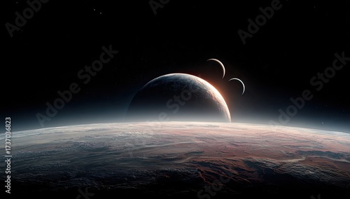 Distant planets rise over a larger planet, with moons and a starry, dark expanse