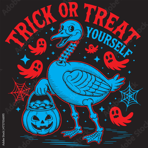 Vintage-style black and white vector illustration for t-shirt printing. A charming skeleton goose stands proudly, its bones detailed with retro tattoo-flash style linework and a mischievous grin.