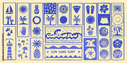 A cheerful collection of blue summer icons on a cream background featuring beach and tropical elements