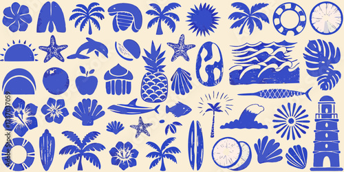 Collection of blue summer vacation icons and symbols on a cream background