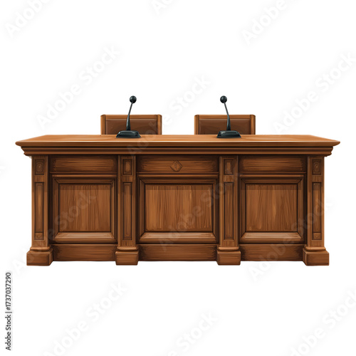 Detailed medium shot of a vintage wooden podium or lectern, featuring two sets of microphones, set against a solid black background.