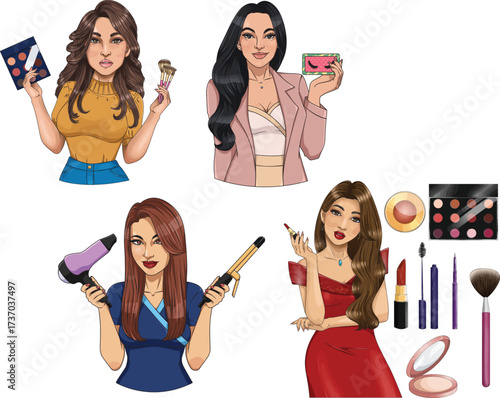 Beauty Saloon Girls Vector Illustration Set with Makeup and Hair Style tools