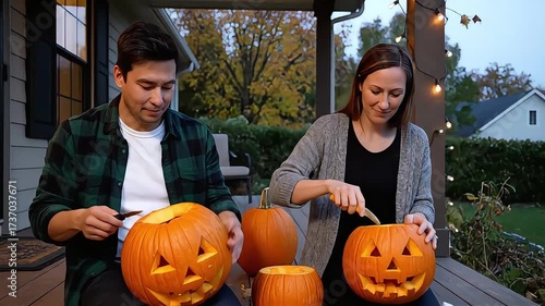 a couple carving halloween pumpkins on a cozy autumn porch enjoying festive fall traditions under string lights perfect for seasonal joy.