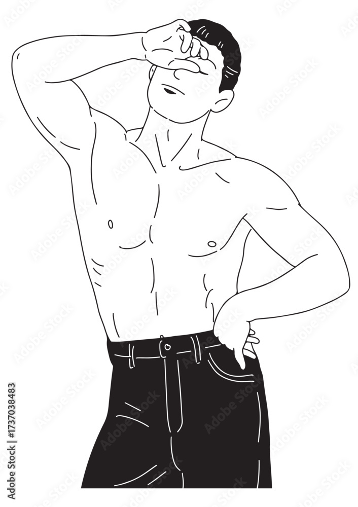 Fototapeta premium A black and white linear illustration A young man stands with his hands on his hips, his other hand on his forehead. He shows off his muscular body.