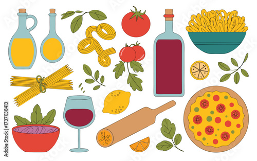 A delightful assortment of italian cuisine elements isolated on white background, showcasing pasta, pizza, wine, olive oil, tomatoes, and various cooking utensils