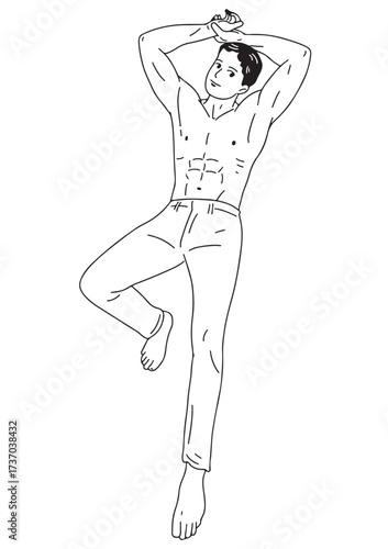 A black and white linear illustration 
A shirtless young man poses with his hands on his head.
He shows off his muscular physique.