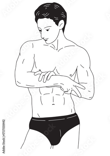 A black and white linear illustration 
A young man in swimming trunks stands with his arms crossed across his chest.
He shows off his muscular physique.