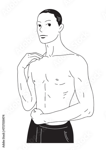 A black and white linear illustration 
A young man stands naked from above, showing off his beautiful muscles.