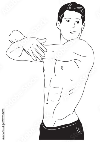 A black and white linear illustration 
A shirtless young man stands and stretches his muscles.
He shows off his muscular physique.
