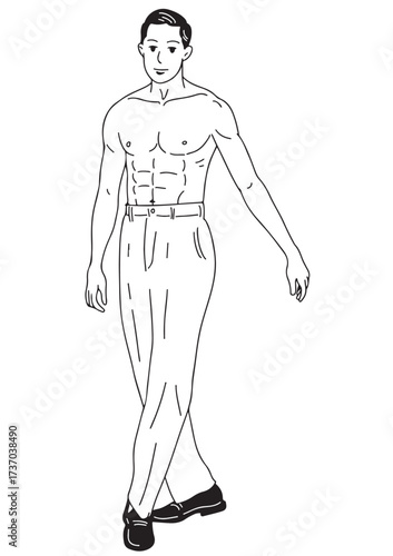 A black and white linear illustration 
A shirtless young man walks
showing off his muscular body.