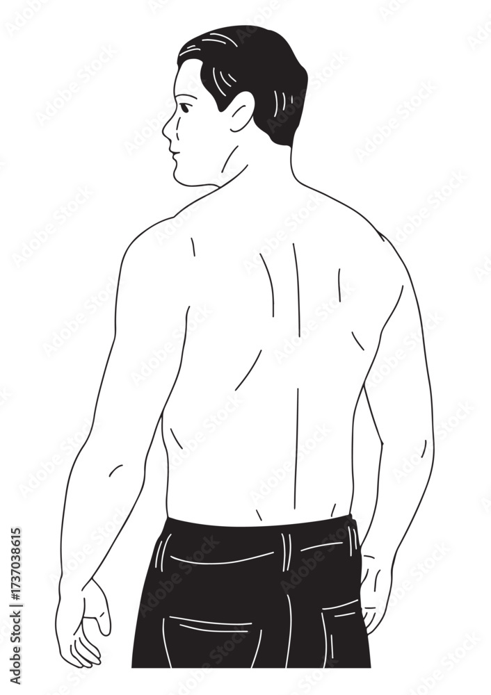 Fototapeta premium A black and white linear illustration A young man stands naked from the top, his back turned, showing off his beautiful muscles.