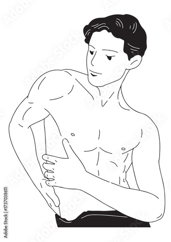 A black and white linear illustration 
A young man stands naked from above, showing off his beautiful muscles.