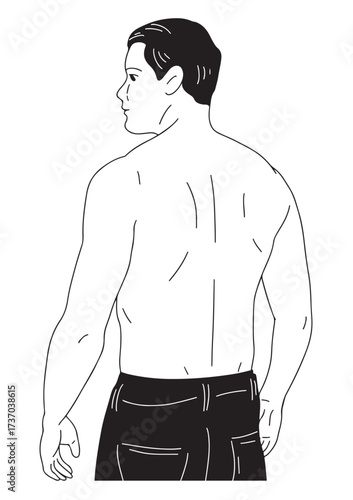 A black and white linear illustration 
A young man stands naked from the top, his back turned, showing off his beautiful muscles.