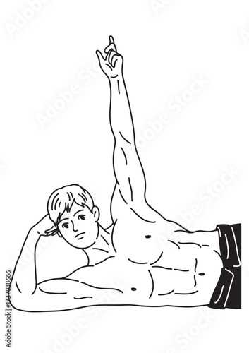 A black and white linear illustration 
A young man lies naked, his chest raised, one arm raised, showing off his beautiful muscles.