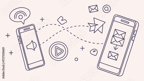 Mobile marketing advertising concept in continuous line art style, vector illustration pink background