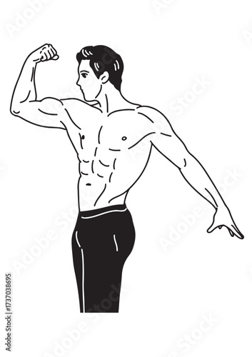 A black and white linear illustration 
A young man stands shirtless, showing off his beautiful muscles.