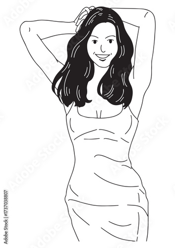 Elegant Portrait: A captivating outline illustration of a woman exudes serene confidence, her posture and facial expression hinting at poise and tranquility.