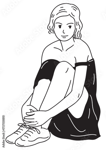 Contemplative Solitude: A monochrome sketch captures a woman seated in a moment of introspective thought, her posture and expression evoking introspection and self-reflection.