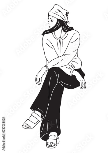Contemplative Woman: A black-and-white line art illustration portrays a pensive woman deep in thought, seated with a thoughtful expression, capturing introspection and peaceful reflection.
