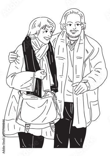 Warm Embrace: A gentle illustration that highlights a couple walking along the streets, creating feelings of comfort, companionship, and shared connection.