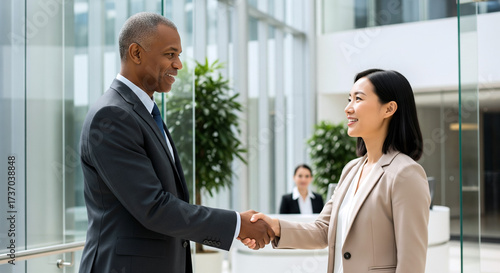 Smiling business partners shaking hands in a bright corporate setting