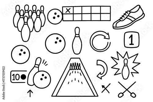 Bowling doodle icon set. Hand drawn vector line art. Sport game equipment elements. Ball, pins, shoe, lane, scoreboard. Strike, spare, score. Recreation, hobby, leisure.