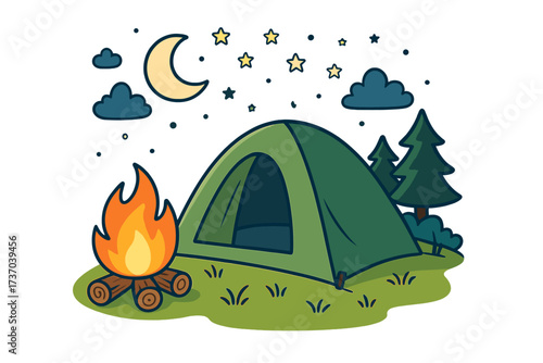Camping night scene with tent and campfire. Outdoor adventure in nature. Forest landscape under starry sky with moon. Vector cartoon illustration for travel and leisure.